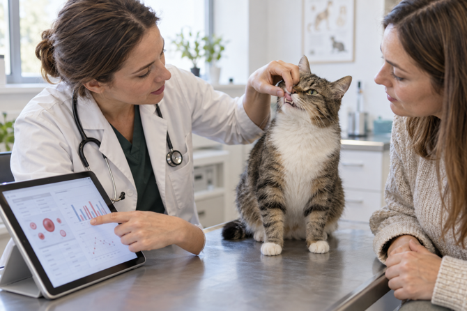 Dierenarts controleert de slijmvliezen van een kat terwijl bloedonderzoek naar hemoplasma wordt besproken.