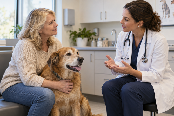 Een oudere hond zit rustig bij zijn eigenaar terwijl een dierenarts in een spreekkamer uitleg geeft.
