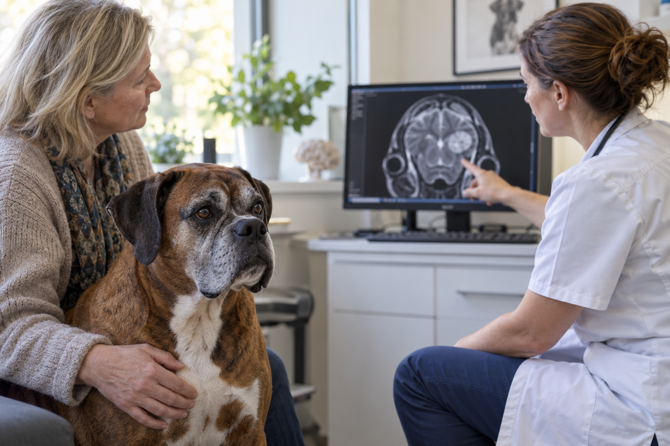 Oudere hond met grijze snuit zit rustig bij zijn eigenaar terwijl een dierenarts een hersen-MRI bespreekt.