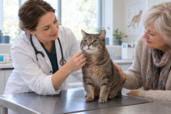 Oudere cyperse kat zit rustig op de onderzoekstafel terwijl een dierenarts en eigenaar haar zacht aanraken.