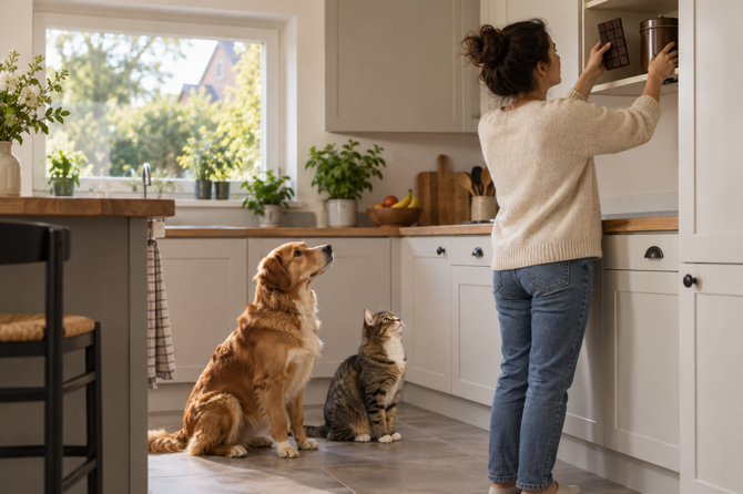 Hond en kat kijken toe terwijl chocolade veilig in een hoge kast wordt opgeborgen.
