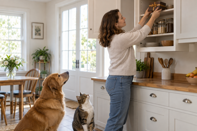 Hond en kat kijken toe terwijl chocolade veilig in een hoge kast wordt opgeborgen.
