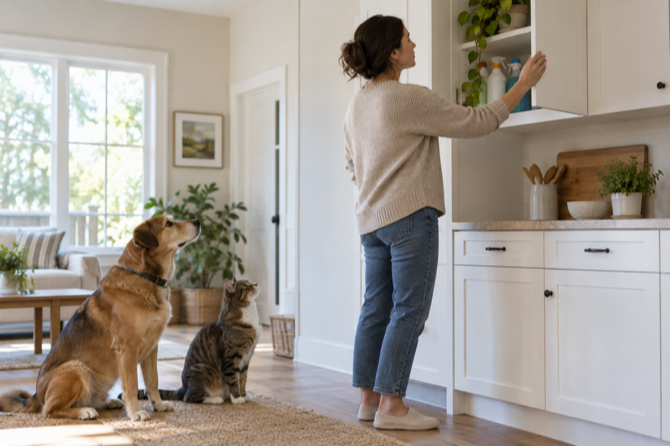Hond en kat kijken toe terwijl hun eigenaar schoonmaakmiddelen veilig in een hoge kast opbergt.