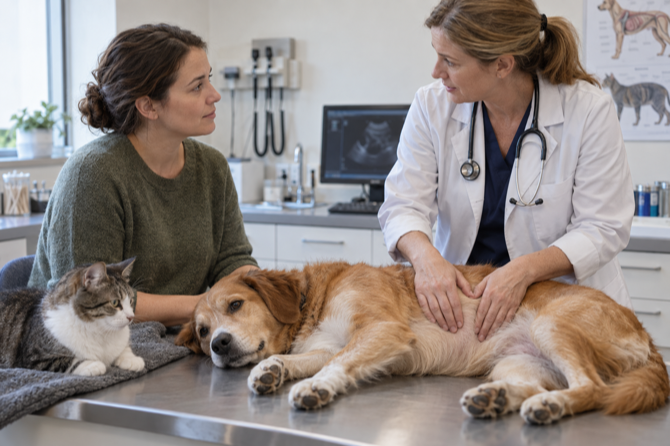 Dierenarts onderzoekt de buik van een hond terwijl een kat en eigenaar aanwezig zijn.