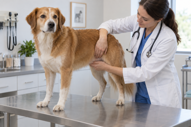 Dierenarts onderzoekt voorzichtig de buik van een hond in de praktijk.