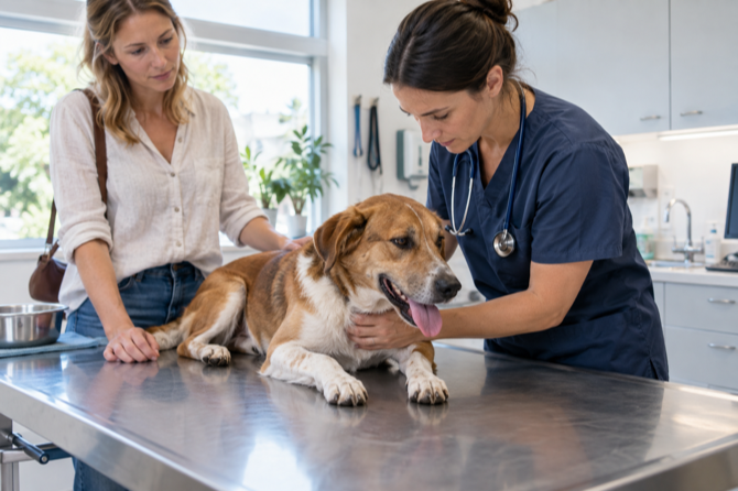 Dierenarts onderzoekt een alerte hond op de behandeltafel terwijl de eigenaar erbij staat na een warme dag.