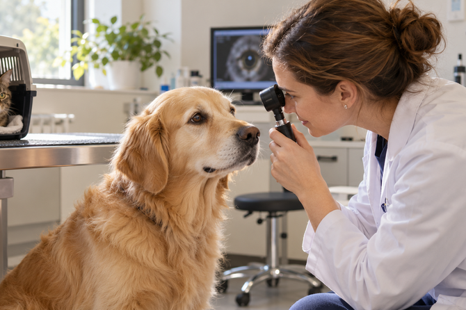 Dierenarts onderzoekt rustig het oog van een goudkleurige hond; een tijgerkat zit in haar reismand.