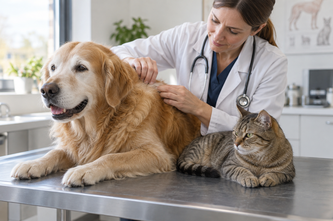 Een dierenarts onderzoekt rustig de vacht van een oudere hond met grijze snuit; een volwassen kat ligt ontspannen ernaast op de onderzoekstafel.