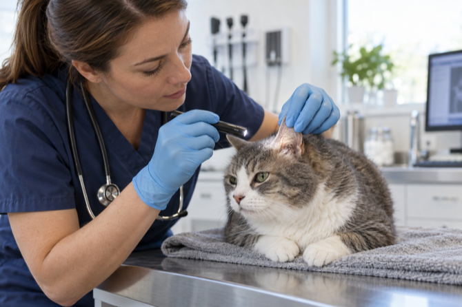 Dierenarts onderzoekt voorzichtig de huid bij het oor van een kat.