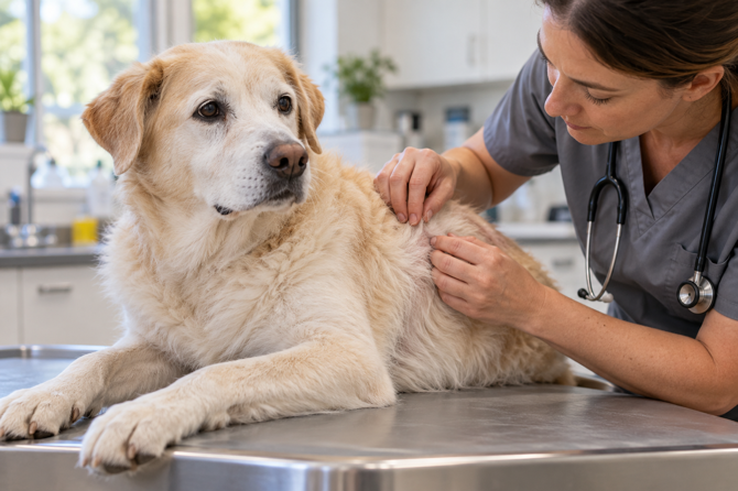 Oudere lichtgekleurde hond ligt rustig op de onderzoekstafel terwijl een dierenarts de vacht bij de schouder controleert.