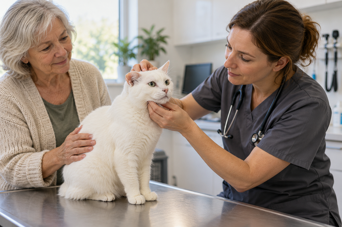 Een oudere witte kat zit rustig op de onderzoekstafel terwijl een dierenarts haar kop onderzoekt en de eigenaar toekijkt.