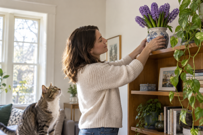 Eigenaar zet een vaas met hyacinten buiten bereik van een kat.