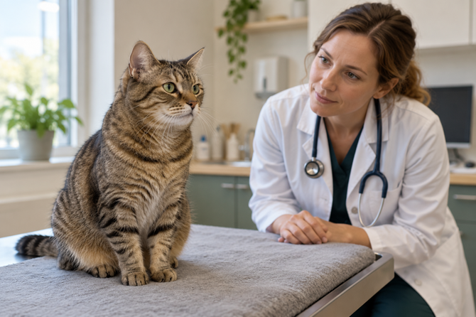 Rustige oudere gestreepte kat zit op de onderzoekstafel terwijl een dierenarts haar observeert tijdens een consult.