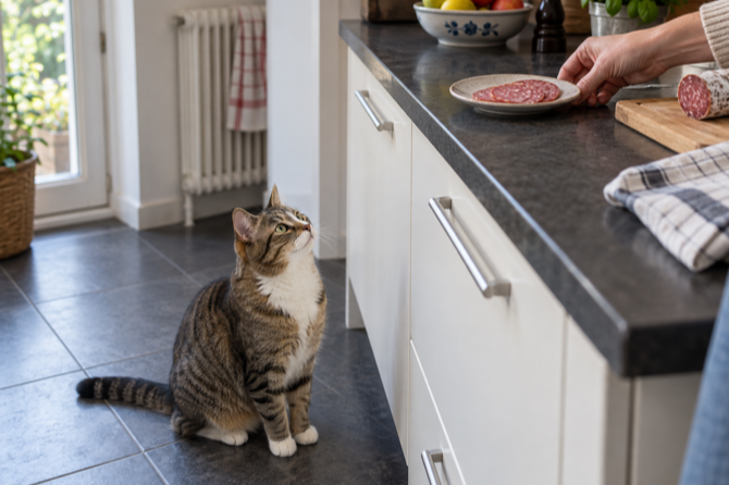 Kat kijkt naar salami die buiten bereik op een keukenaanrecht staat.