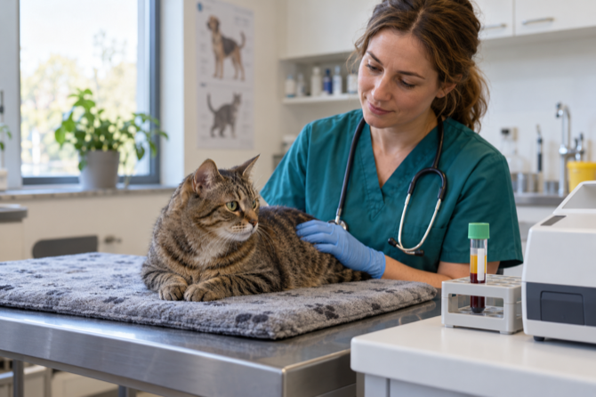 Een dierenarts onderzoekt rustig een gestreepte kat; op de werkbank staan een gesloten bloedstaalbuis en een laboratoriumanalyzer.
