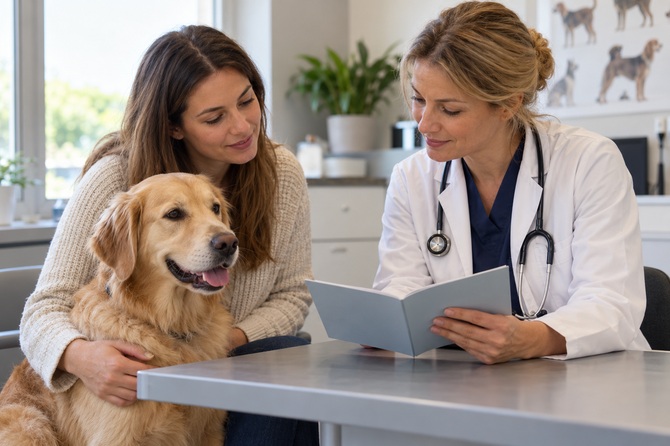 Een ontspannen goudkleurige hond bij een consult terwijl dierenarts en eigenaar het vaccinatieboekje bekijken.