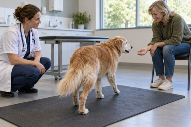 Oudere lichtgouden hond wandelt op een antislipmat naar zijn eigenaar terwijl een dierenarts zijn mobiliteit observeert.