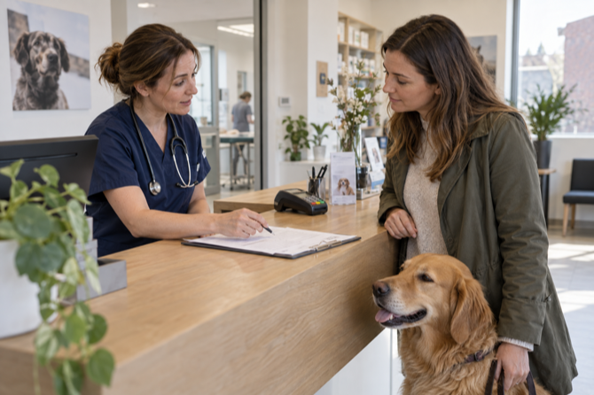 Dierenarts bespreekt de zorg voor een hond met de eigenaar aan de balie van de praktijk.