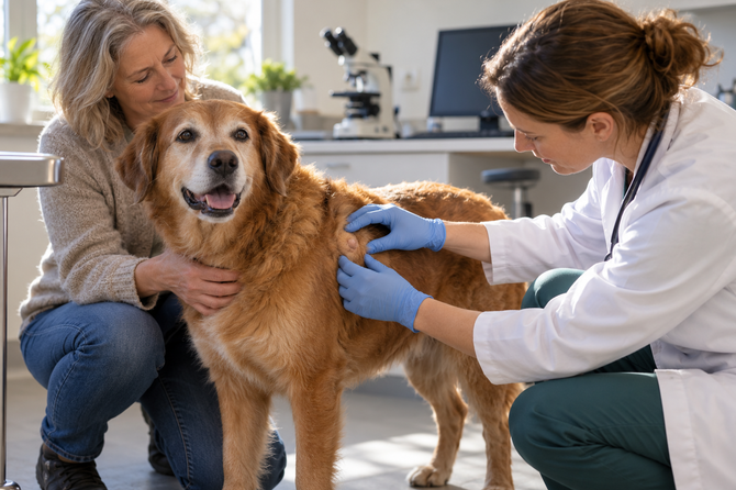 Een oudere bruine hond staat rustig bij de eigenaar terwijl een dierenarts een kleine knobbel aan de schouder onderzoekt; op de achtergrond staat een microscoop.