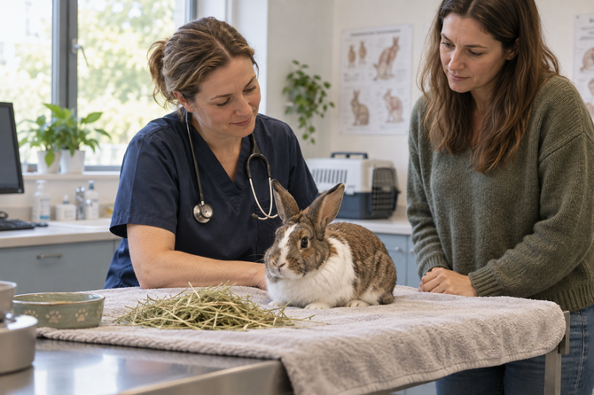 Bruin-wit konijn zit rustig op een handdoek met hooi terwijl een dierenarts en de eigenaar het dier observeren.
