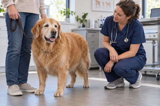 Oudere Golden Retriever staat rustig naast zijn eigenaar terwijl een dierenarts de hond tijdens een consult observeert.