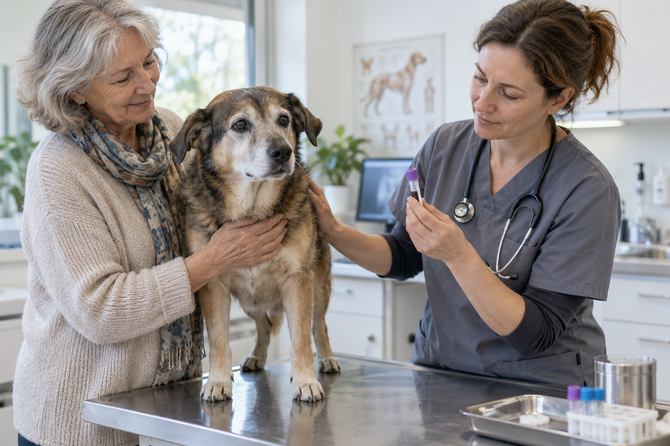 Dierenarts bekijkt een bloedbuisje naast een rustige oudere hond met grijze snuit en zijn eigenaar in de spreekkamer.