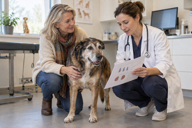 Oudere hond met grijze snuit staat rustig naast zijn eigenaar terwijl een dierenarts een controleblad bespreekt.