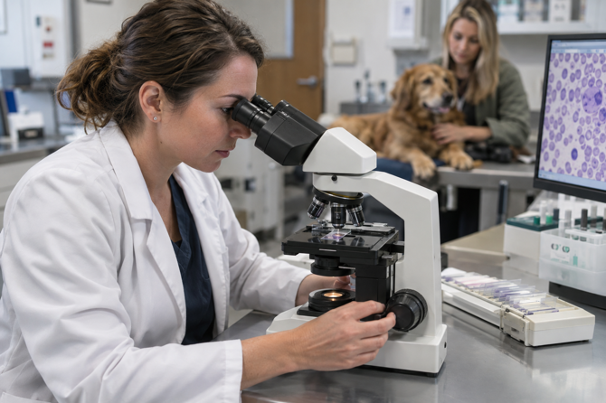 Veterinair klinisch patholoog beoordeelt een gekleurd bloeduitstrijkje onder de microscoop.