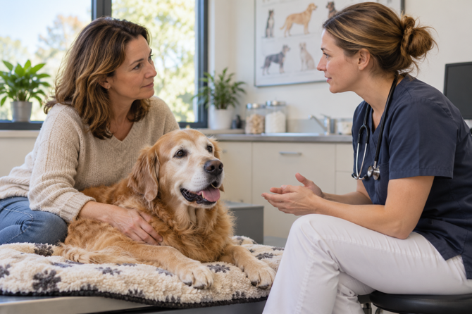 Oudere golden retriever ligt rustig naast zijn eigenaar tijdens een gesprek met een dierenarts in de spreekkamer.