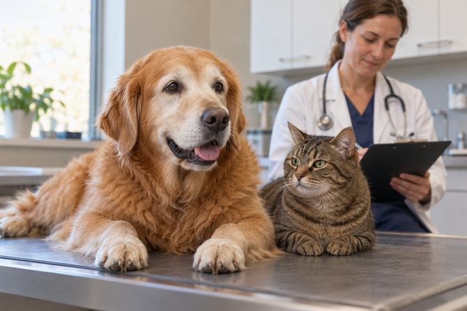 Oudere goudkleurige hond en grijsbruine tijgerkat zitten rustig bij de dierenarts tijdens een consult.