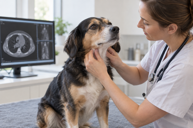 Hond tijdens een oncologische controle waarbij een dierenarts de lymfeklieren onderzoekt.