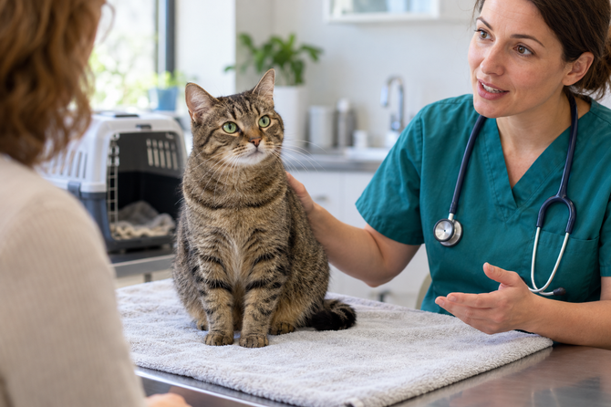 Dierenarts bespreekt de zorg voor een rustige tijgerkat met haar eigenaar in de spreekkamer.