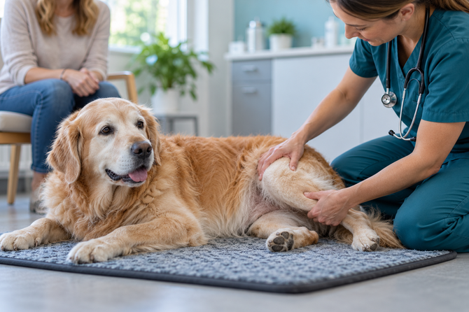 Dierenarts onderzoekt voorzichtig een achterpoot van een oudere gouden hond op een zachte mat.