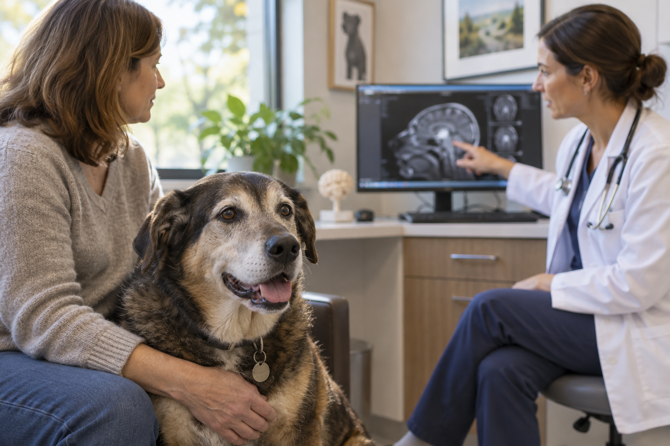 Oudere hond met grijze snuit zit rustig bij zijn eigenaar terwijl een dierenarts een hersenscan bespreekt.