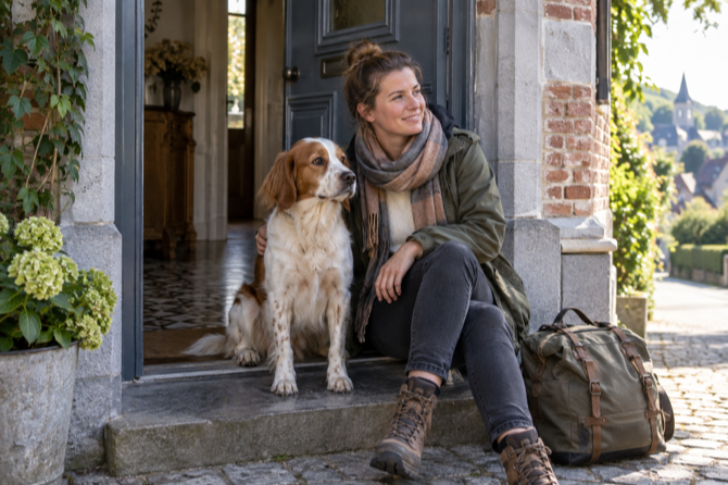 Hond zit bij zijn eigenaar en een reistas voor het vertrek op vakantie.