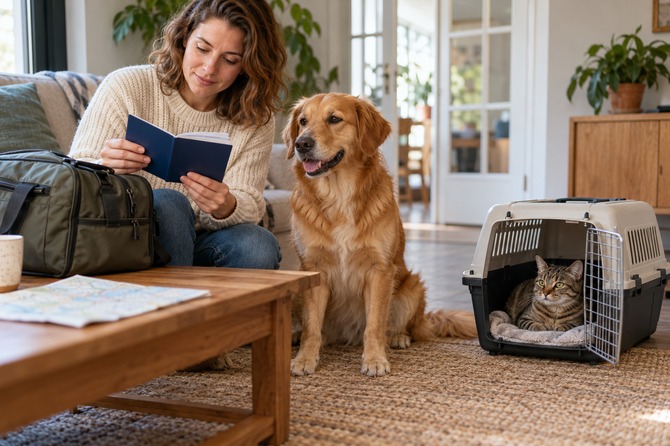 Eigenaar bekijkt een reisdocument naast een reistas; een goudkleurige hond zit bij haar en een gestreepte kat ligt in een aparte open reismand.
