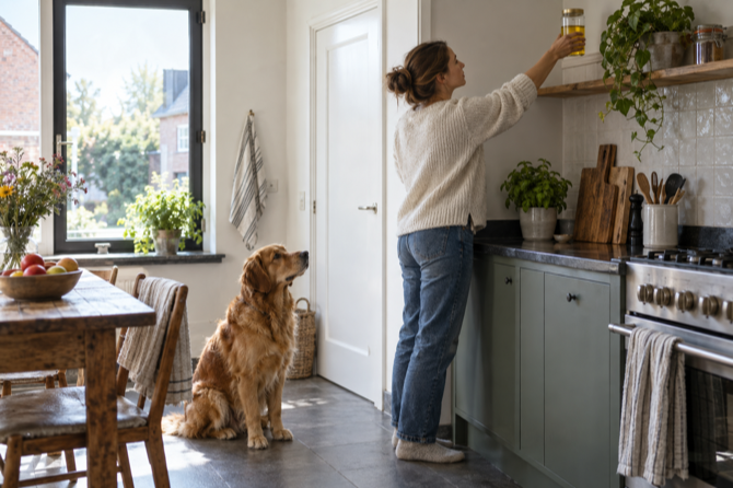 Eigenaar bergt een afgesloten fles met gebruikt frituurvet veilig op, buiten bereik van de hond.