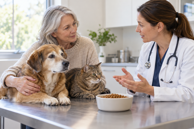 Oudere hond en cyperse kat liggen rustig bij hun eigenaar terwijl een dierenarts met hen over voeding spreekt.