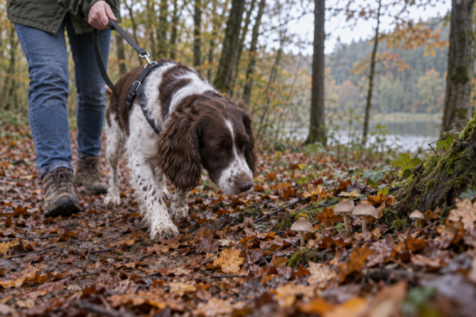 Hond loopt aangelijnd langs paddenstoelen in een herfstbos.