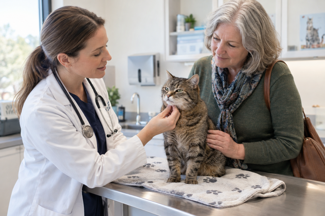 Een oudere kat zit rustig op een onderzoekstafel terwijl een dierenarts en eigenaar het gebit bespreken.