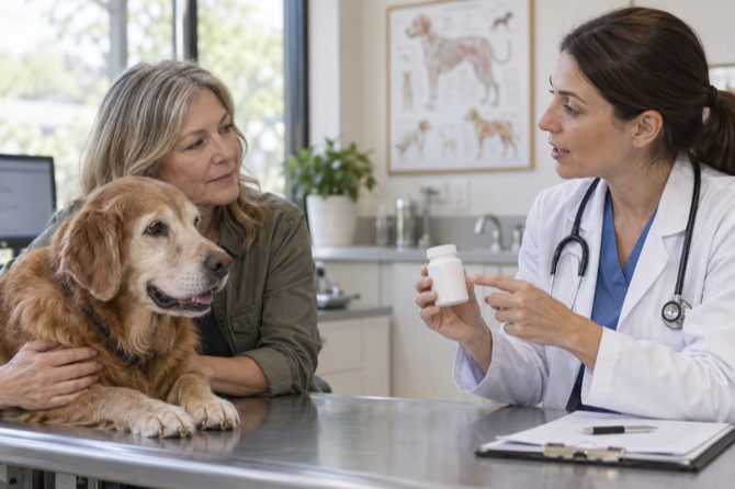 Dierenarts bespreekt een supplement met de eigenaar van een oudere hond.