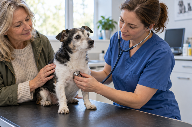 Kleine oudere hond met grijze snuit krijgt rustig een hartonderzoek met een stethoscoop bij de dierenarts, naast zijn eigenaar.