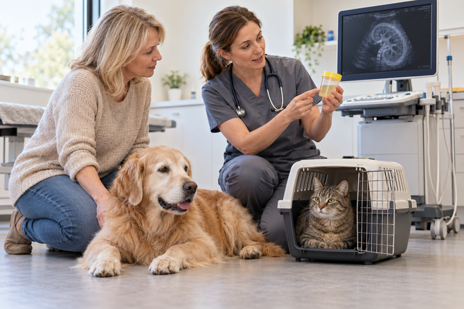 Oudere goudkleurige hond en tijgerkat zitten rustig bij hun eigenaar terwijl een dierenarts een urinemonster bespreekt.