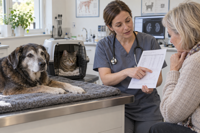 Oudere hond met grijze snuit ligt rustig naast een kat in een reismand, terwijl een dierenarts de nieruitslagen met hun eigenaar bespreekt.
