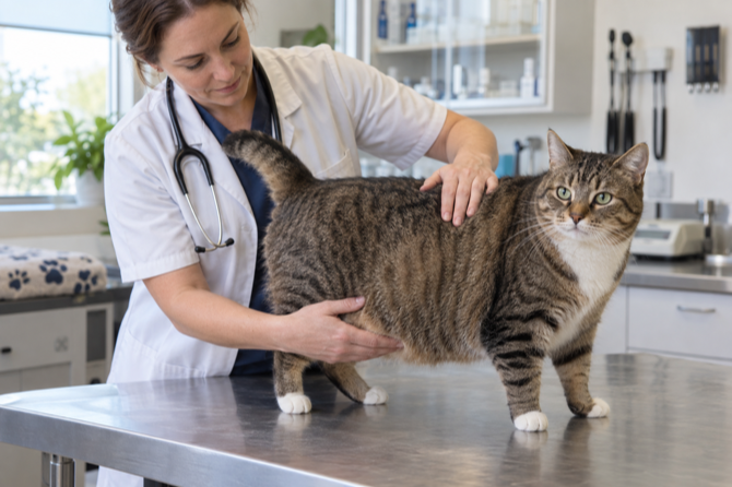 Dierenarts beoordeelt de lichaamsconditie van een kat tijdens een rustig consult.