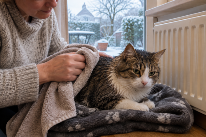 Eigenaar droogt een kat op een warme deken na verblijf buiten in de winter.