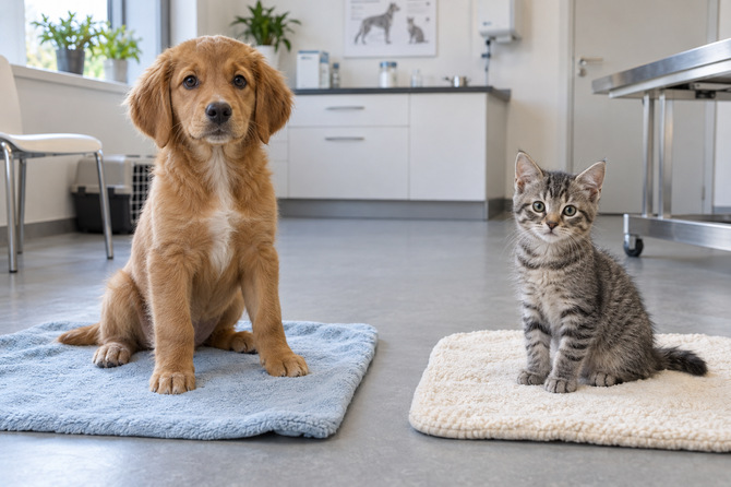 Een bruine pup en een grijs gestreept kitten zitten op aparte zachte matten in een dierenartspraktijk.