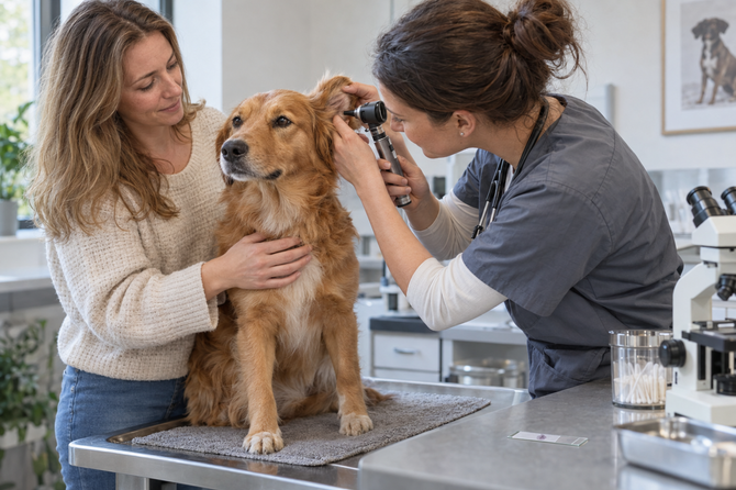 Dierenarts bekijkt met een otoscoop het oor van een rustige bruine hond, terwijl de eigenaar de hond geruststelt.