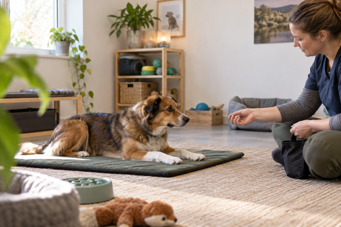 Overprikkelde hond leert ontspannen tijdens een rustige begeleide wandeling.