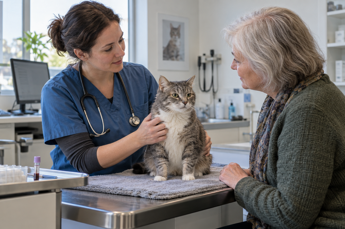 Oudere gestreepte kat zit rustig op de onderzoekstafel terwijl een dierenarts haar onderzoekt en met de eigenaar spreekt.